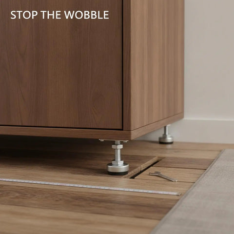 Adjustable Furniture Leg With Threaded Stem Leveling Foot stabilizing a cabinet on uneven floor indoors