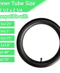 Image of a Two Pack 12.5 Inch Inner Tubes With Bent Valve Stems Thickened For Extra Comfort, showing sizes and compatibility chart.