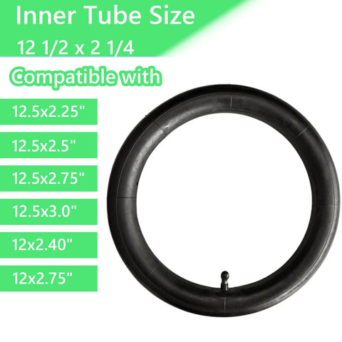Image of a Two Pack 12.5 Inch Inner Tubes With Bent Valve Stems Thickened For Extra Comfort, showing sizes and compatibility chart.