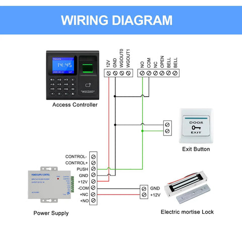Wiring diagram for No Sweat Fingerprint Time Attendance System Bundled With Rock Solid 400lb Magnetic Lock Entry Kit.