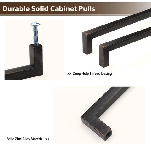 10 Pack Oil Rubbed Bronze Solid Zinc Cabinet Pulls, 5 Inch Center to Center, details of square design and deep hole thread