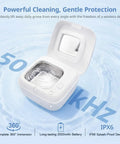 Cordless Ultrasonic Retainer Cleaner 50kHz Rechargeable Cleaning Pod With Built In Mirror For Jewelry Aligners Braces Toothbrush Heads Night Guards Dentures Deep Cleaning On The Go, open white pod