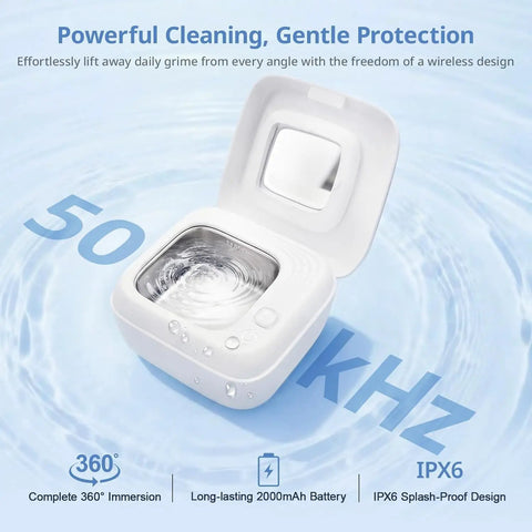 Cordless Ultrasonic Retainer Cleaner 50kHz Rechargeable Cleaning Pod With Built In Mirror For Jewelry Aligners Braces Toothbrush Heads Night Guards Dentures Deep Cleaning On The Go, open white pod