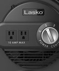 Close-up of 12-Inch Portable Utility Fan with Pivoting High Velocity Air, featuring dual outlets and speed settings. Model: Lasko, Black