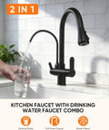 Kitchen Faucet 0196R in black, featuring pull-down and drinking water options, with water being poured into a glass.