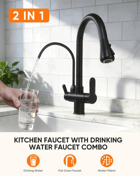 Kitchen Faucet 0196R in black, featuring pull-down and drinking water options, with water being poured into a glass.