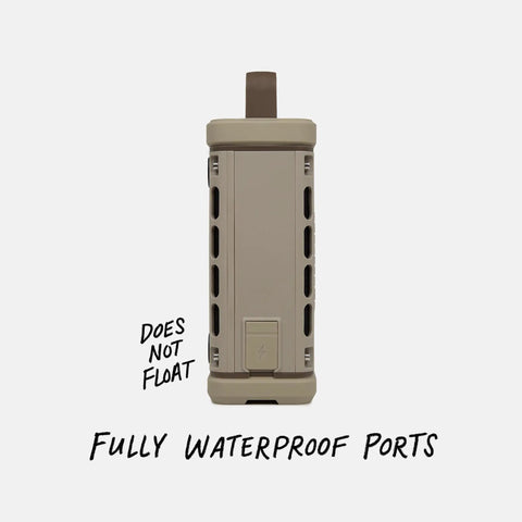 Side view of Ranger Outdoor Bluetooth Speaker 5.4, Rugged IP67 Waterproof, Shockproof, Tan, showing waterproof ports