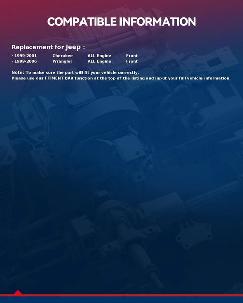 Compatibility information for front wheel bearing and hub assembly replacement for Jeep Wrangler 1999-2006 and Cherokee 1999-2001.
