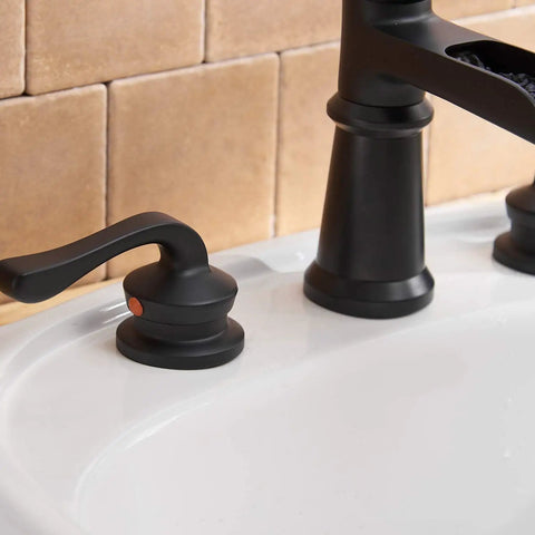 Close-up of Dope Brushed Nickel Waterfall Bathroom Faucet For 8 Inch 3 Hole Sink with two handle design and pop up drain
