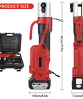 Eiwitany Portable Cordless Hydraulic Pipe Press Tool 18V Wireless Crimping Machine 38KN Output For Stainless Steel Pipes LED Light Included Professional Automatic Press For 16-28.6mm Tubing Easy Use, showing dimensions and design.