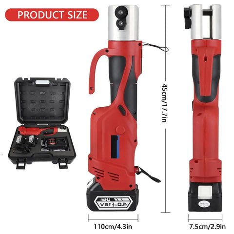 Eiwitany Portable Cordless Hydraulic Pipe Press Tool 18V Wireless Crimping Machine 38KN Output For Stainless Steel Pipes LED Light Included Professional Automatic Press For 16-28.6mm Tubing Easy Use, showing dimensions and design.