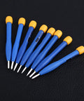 8 Piece Slotted Screwdriver Set With Anti Static Ceramic Bits And Plastic Handles arranged on black surface