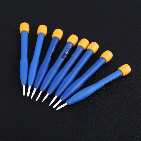 8 Piece Slotted Screwdriver Set With Anti Static Ceramic Bits And Plastic Handles arranged on black surface