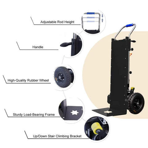 Detailed view of Heavy Duty Electric Stair Climbing Hand Truck With Telescoping Handle Built With Tough Carbon Steel features including wheels and handle.