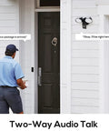 Dope Floodlight Security Camera With Motion Sensor 1080P HD Video Two Way Talk mounted near front door with delivery person.