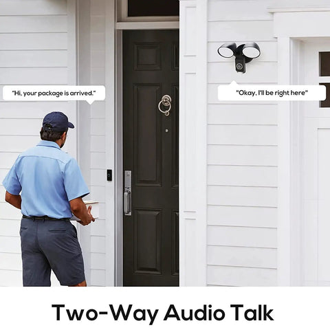 Dope Floodlight Security Camera With Motion Sensor 1080P HD Video Two Way Talk mounted near front door with delivery person.
