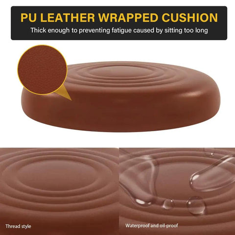 Close-up of PU Leather Wrapped Cushion on brown stool, showing thread style and waterproof features, PU Leather Rolling Stool With Wheels Footrest 360 Degree Swivel Height Adjustable Chair For Home Office Drafting Spa Salon Massage Beauty Stools Small Brown.
