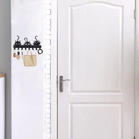 Wall Mounted Key Hooks With Eight Hooks Black Cat Themed Key Holder Rack For Home Decor Entryway Hallway Dog Leash Organizer With Mounting Hardware And Easy Install