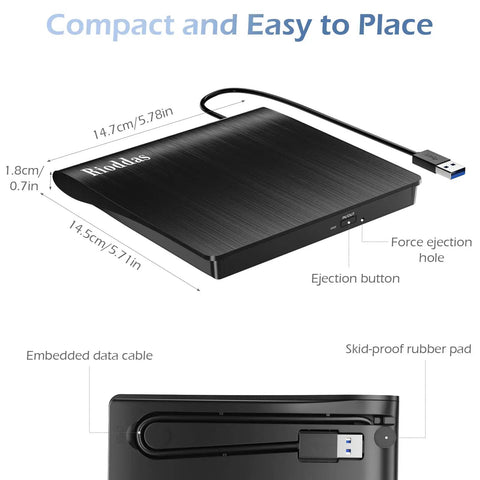 External CD DVD Drive USB 3.0 Portable CD RW DVD Burner For Laptop Desktop PC Windows Mac Linux Plug And Play No Power Adapter Needed Ultra Slim Compatible With MacBook Pro Air And PCs, black
