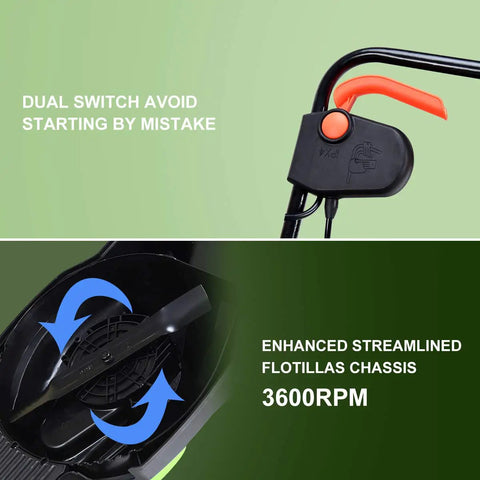 Close-up of the dual switch and streamlined chassis of the 13 Inch Corded 2-In-1 Electric Lawn Mower with 3600 RPM speed.