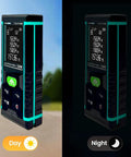 Hella Sharp Green Laser Distance Meter Hardcore Long Range Measuring Tool For Outdoor And Indoor Jobs Featuring Area Volume Calculations And Dead On Millimeter Accuracy, displayed in day and night mode.