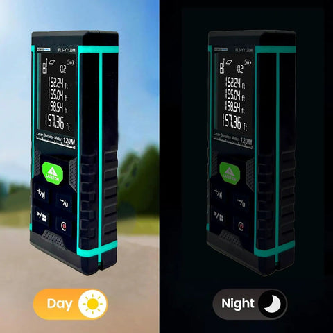 Hella Sharp Green Laser Distance Meter Hardcore Long Range Measuring Tool For Outdoor And Indoor Jobs Featuring Area Volume Calculations And Dead On Millimeter Accuracy, displayed in day and night mode.