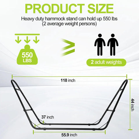 Heavy Duty Steel Hammock Stand Built To Last, Tough As Nails With 550 Pound Capacity, Double Bar Design, 118 Inch Long, Black dimensions diagram