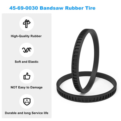 Replacement 4 Inch Rubber Bandsaw Tire Set Pack Of 4 For Compact Saws Fits 2629 20 2629 22 6242 6 2429 20 2429 21XC 45 69 0030 Beefed Up Durable Rubber Tires featuring two rubber tires shown upright, emphasizing durability and elasticity, labeled with high-quality rubber features.
