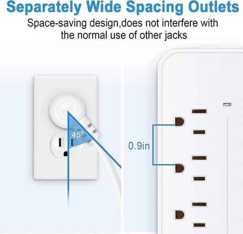Must Have Six Outlet Surge Protector Power Strip With Four USB Ports And One USB C Port showing wide spacing outlets