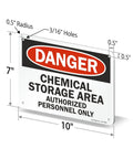 Heavy Duty Aluminum Hazard Warning Plate 7 X 10 Inches Built Like A Tank For Chemical Storage Areas And Authorized Personnel Only Rust Free Fade Resistant Print showing dimensions and secure mount holes.