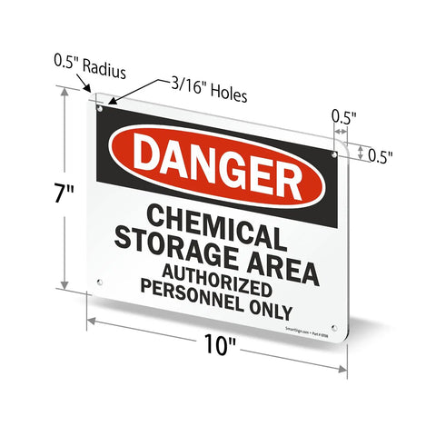 Heavy Duty Aluminum Hazard Warning Plate 7 X 10 Inches Built Like A Tank For Chemical Storage Areas And Authorized Personnel Only Rust Free Fade Resistant Print showing dimensions and secure mount holes.