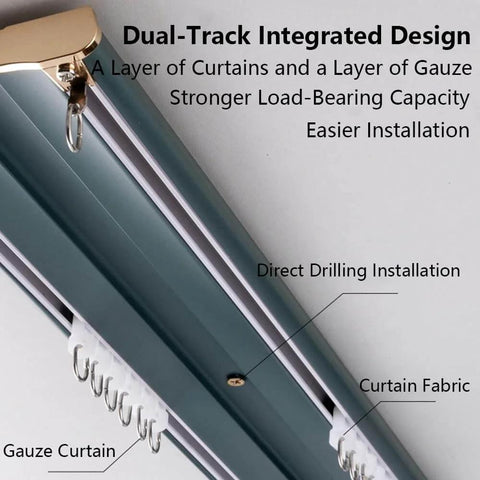 Gold Double Row Ceiling Curtain Track System Whisper Quiet Heavy Duty Aluminum Sliding Curtain Rail 8.2 Feet in use with curtains