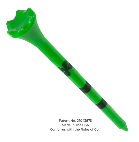 Green neon plastic golf tee with shamrock design from the Neon Plastic Golf Tees Three And One Quarter Inch 40 Pack Ultra Bright Colors.