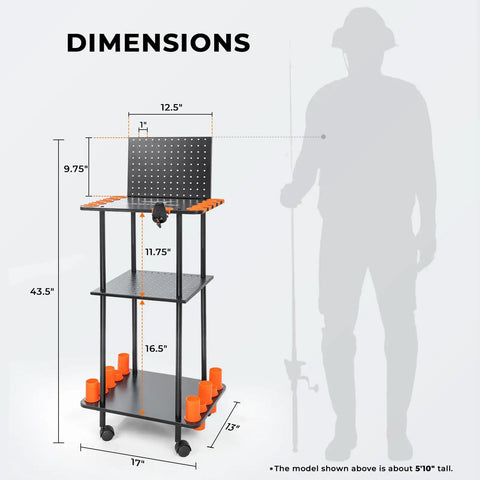 Dimensions of Indoor Fishing Rod Holder Trolley With 3 Tier Shelves And Peg Wall, Built In Line Spooler, Locking Wheels, Mobile Tackle Storage Cart