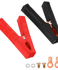 Two Pack Heavy Duty Pure Copper Battery Charger Clamps Alligator Clips With Insulating Sheath For Under 5 AWG Cables 12V 24V 36V Get The Job Done Power Jump Start And Built Tough For Real Power Transfer, red and black, with bolts and connectors.