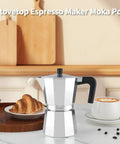 Stovetop Espresso Maker Moka Pot For Barista Grade Espresso in a kitchen with coffee and croissant, stainless steel, silver.