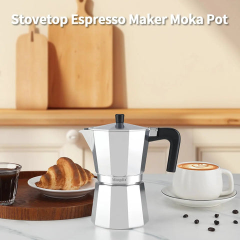 Stovetop Espresso Maker Moka Pot For Barista Grade Espresso in a kitchen with coffee and croissant, stainless steel, silver.
