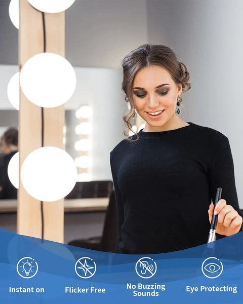 Person using 8 Pack Daylight LED Globe Light Bulbs For Bathroom 120V 60W Equivalent E26 Medium Base Non Dimmable Vanity Round G25 Bulbs Over Mirror 5000K Bright CRI 80 No Fuss Energy Saving in a makeup area