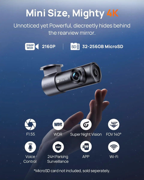 4K Dash Cam Front With Night Vision, 140 Degree Wide View, WiFi App Control, shown with icons for features and microSD compatibility