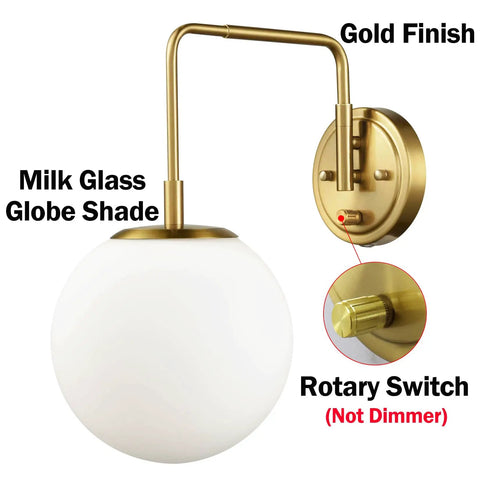 Gold Plug In Wall Sconce With Milk Glass Shade Globe Lighting Brass Swing Arm Wall Light Fixture For Hallway Bathroom Bedroom One Light