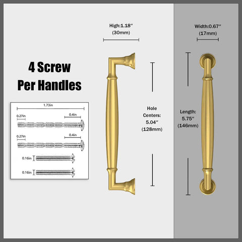 Dimensions of 10 Pack Vibrant Brushed Brass Cabinet Pulls 5 Inch 128mm Solid Heavy Duty Drawer Handles for Kitchen Cabinets