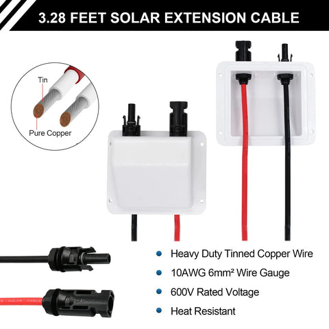 Solar Cable Entry Gland Kit With 10 AWG 3.28 Ft Extension Cable For RV Boat Camper Van Marine Grade All Weather Heavy Duty UV Resistant Waterproof Junction Box White Featuring Tinned Copper Conductors And Halogen Free XLPE XLPO Insulation, white box and cable ends