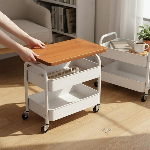 Three Tier Rolling Side Table With Lockable Casters And Spacious Storage Shelves For Hassle Free Room To Room Moving, showcasing wooden top and three white metal baskets.