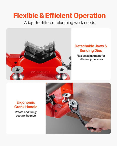 Heavy-Duty Pipe Chain Vise Workhorse with Two Bending Dies, showing detachable jaws, bending dies, and ergonomic crank handle.
