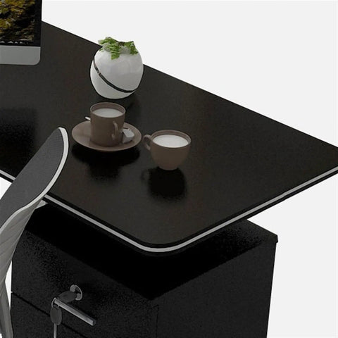 Built Different L Shaped Corner Computer Desk For Compact Rooms And Modern Home Offices Featuring Anti Bump Edging 180X120CM, sleek black surface with coffee cups.