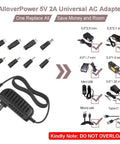 5V 2A Power Supply Charger With 8 Interchangeable Tips For TV Boxes, LED Strips, Tablets, Cameras, Webcams, Speakers, Routers And More; 6 Foot Cable, Worldwide 100 240V AC Adapter, 10W Output. Universal 5V 2A AC adapter with 8 tip sizes and 6 ft cord