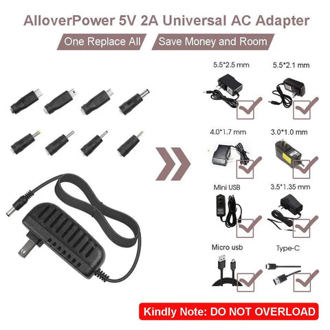 5V 2A Power Supply Charger With 8 Interchangeable Tips For TV Boxes, LED Strips, Tablets, Cameras, Webcams, Speakers, Routers And More; 6 Foot Cable, Worldwide 100 240V AC Adapter, 10W Output. Universal 5V 2A AC adapter with 8 tip sizes and 6 ft cord