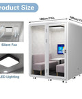 Roll Straight Up Anywhere With This Mobile Office Pod Booth Featuring Actually Sound Proof Walls Integrated Led Lighting Handy Usb Ports And Smooth Caster Wheels Setting Up A Quiet Coworking Nook For Up To Four Crew Indoors Or Outdoors, showing dimensions and features like silent fan and LED.