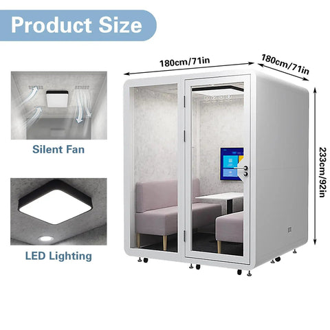 Roll Straight Up Anywhere With This Mobile Office Pod Booth Featuring Actually Sound Proof Walls Integrated Led Lighting Handy Usb Ports And Smooth Caster Wheels Setting Up A Quiet Coworking Nook For Up To Four Crew Indoors Or Outdoors, showing dimensions and features like silent fan and LED.