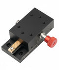 Top Notch Precision Dovetail Linear Stage With Dovetail Guide And Manual Rack And Pinion Travel For Rock Solid Fine Positioning Optical Alignment And Small Fixture Adjustments In Scientific Labs And Research, black metal stage with red knob